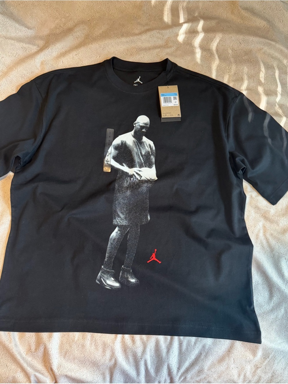 Jordan Black Short-Sleeve Tee with Grayscale Player Graphic and Red Jumpman